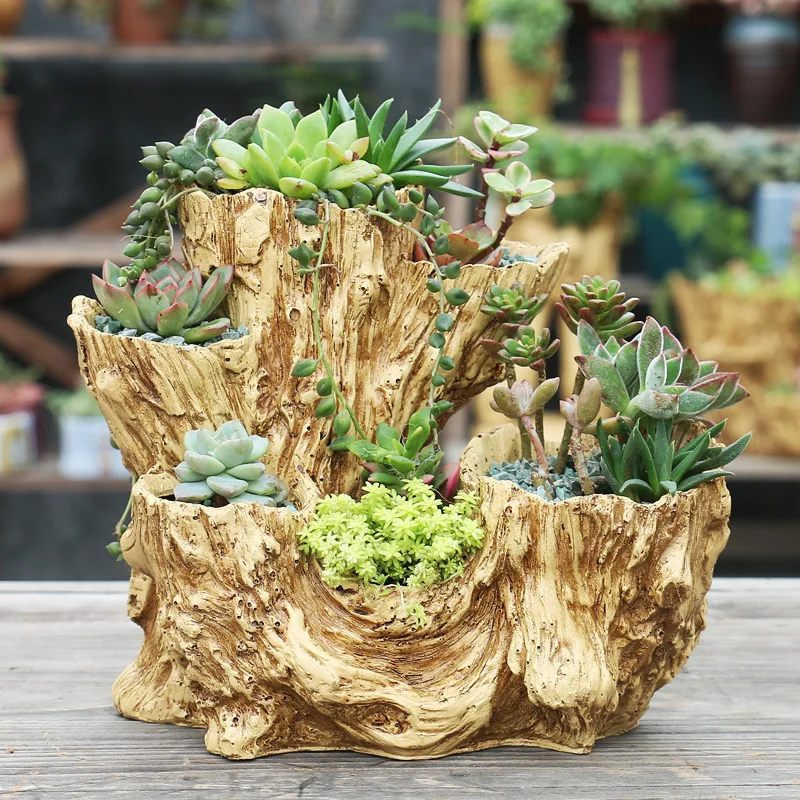 Resin Flowerpot Imitation Wood Small Flowerpot Container Tabletop Decoration Ornaments