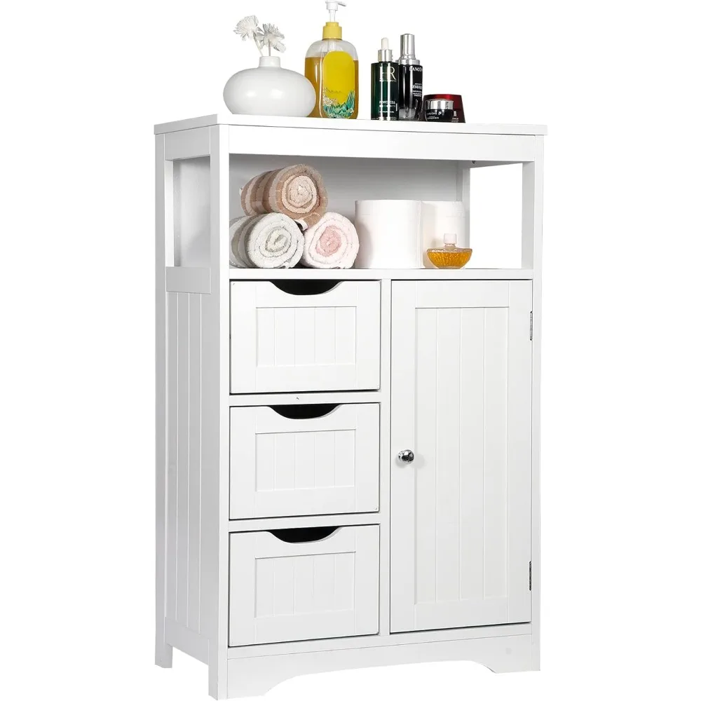 

Bathroom Floor Cabinet, Storage Organizer with 3 Drawers and 1 Door, Free Standing Entryway Cupboard for Home Office
