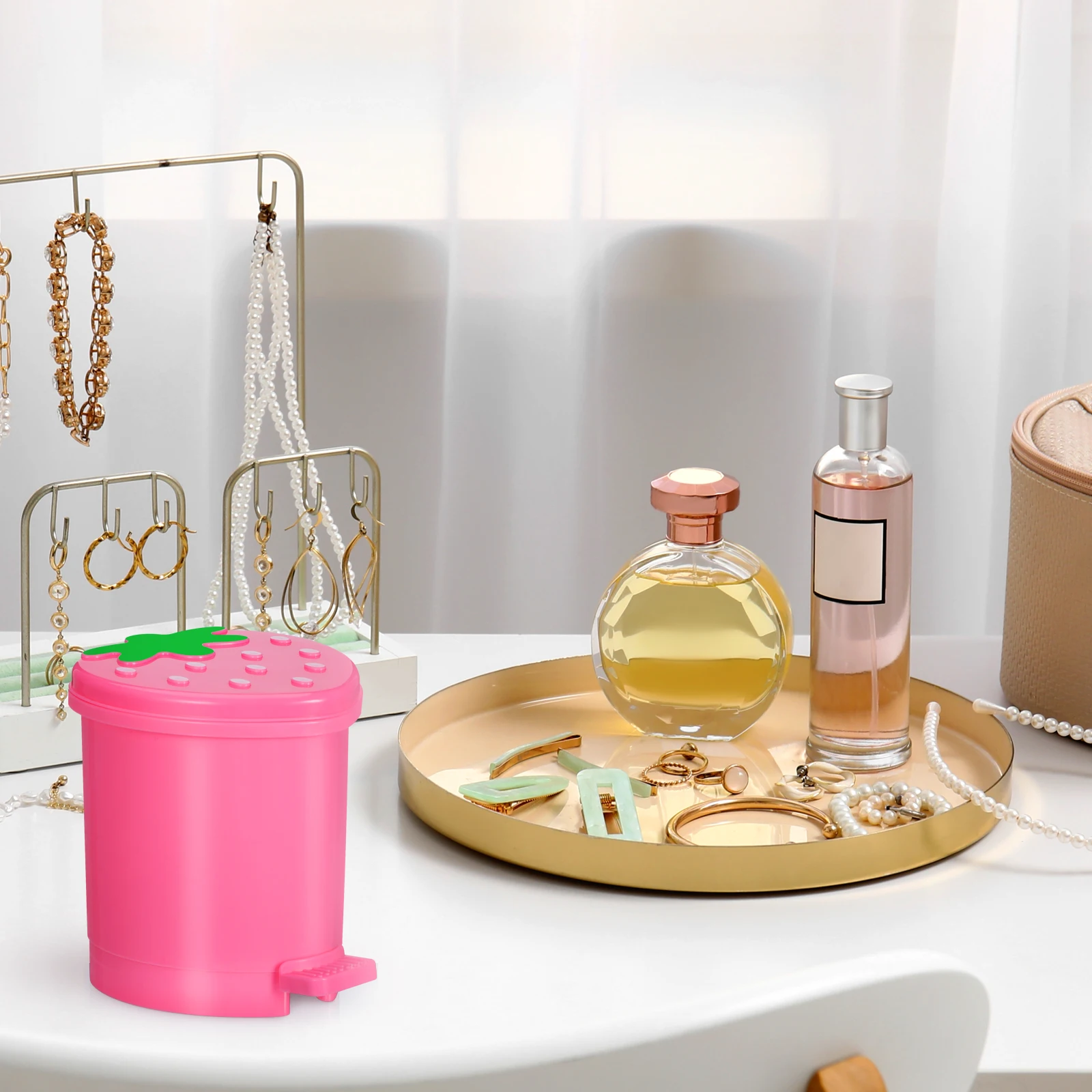 سلة مهملات سطح المكتب، غطاء صندوق صغير وردي على شكل قلب للمطبخ والمكتب، خفيف الوزن من مادة البولي بروبيلين لتخزين حاوية النفايات #2