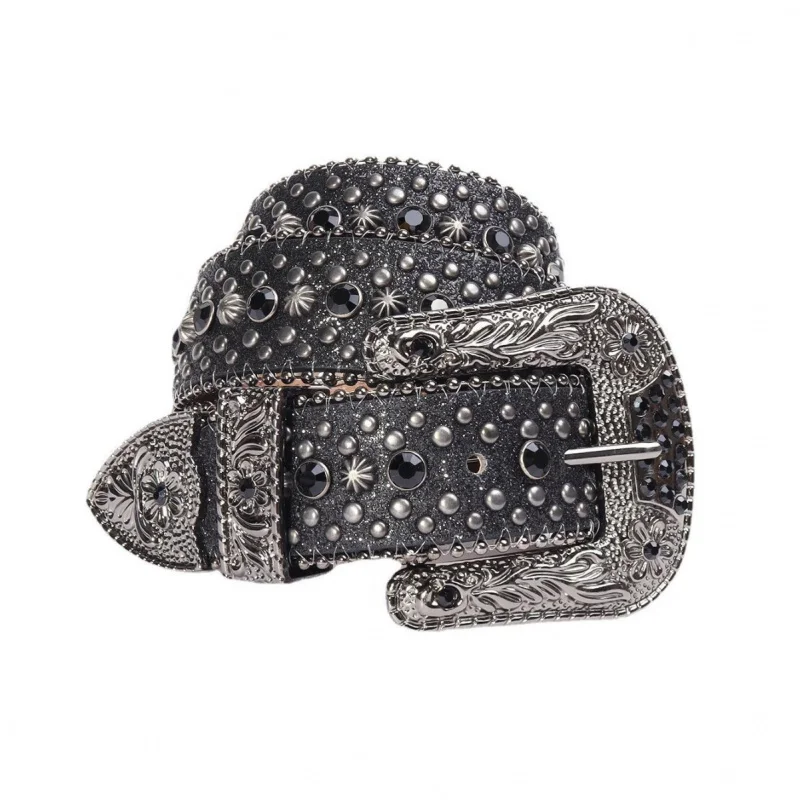 New Punk Rhinestone PU Leather Women Belt Fashion Flower Design Pin Buckle Belt for Ladies