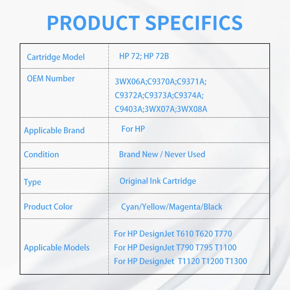 Compatible con cartucho de tinta hp72 72B para impresora HP Designjet T610 T620 T770 T790 T795 T1100 T1120 T1200 T1300 para HP 72