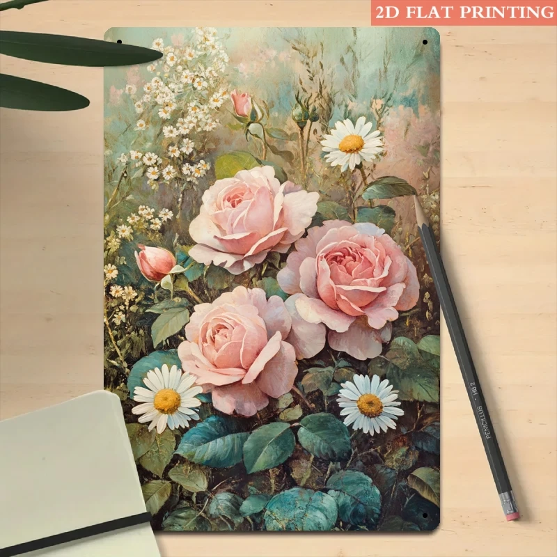 1PC Vintage Metal Sign Retro Rose and Daisy Bouquet Print Vintage Metal Plaque for Living Room Decor