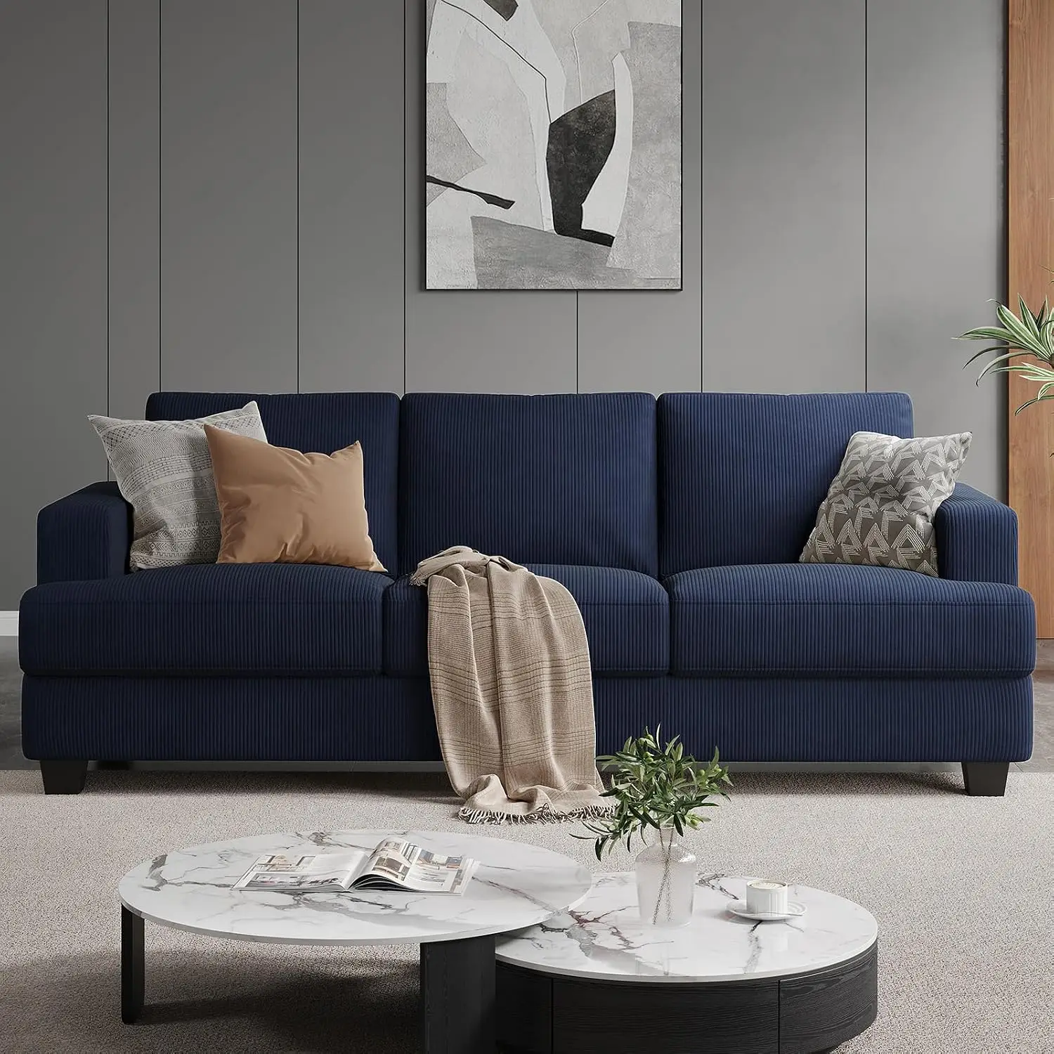 89 Inch Deep Seat Sofa 3-Seater Corduroy Blue Living Room Furniture, Customized