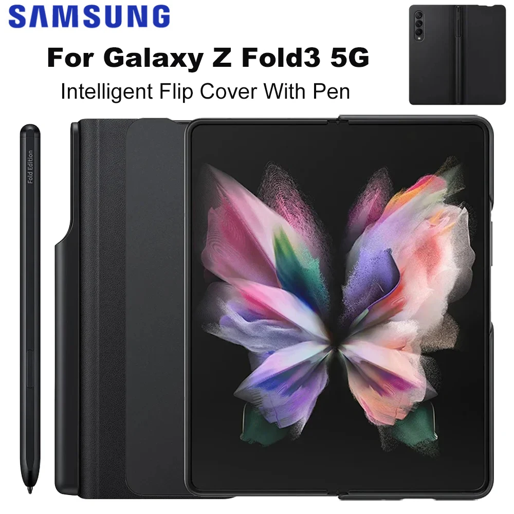 

Original Flip Cover With Stylet Pen For Samsung Galaxy Z Fold3 5G Fold 3 5G Smart Case With Detachable Pen holder