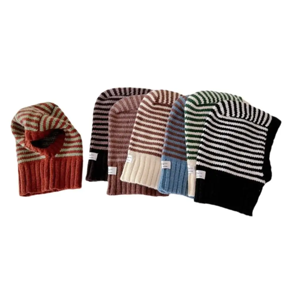 Striped Design Winter Kids Scarf Knit Material Hooded Style Knit Ear Protection Hats Balaclava Shape Ear Protection