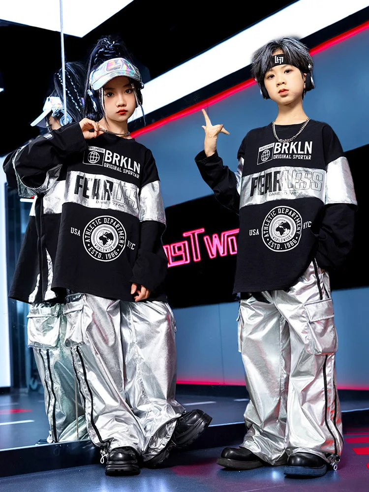 Boys Hip Hop Clothing Fake-2-pieces Tops Streetwear Silver Cargo Pants for Kids Dance Costume Clothes