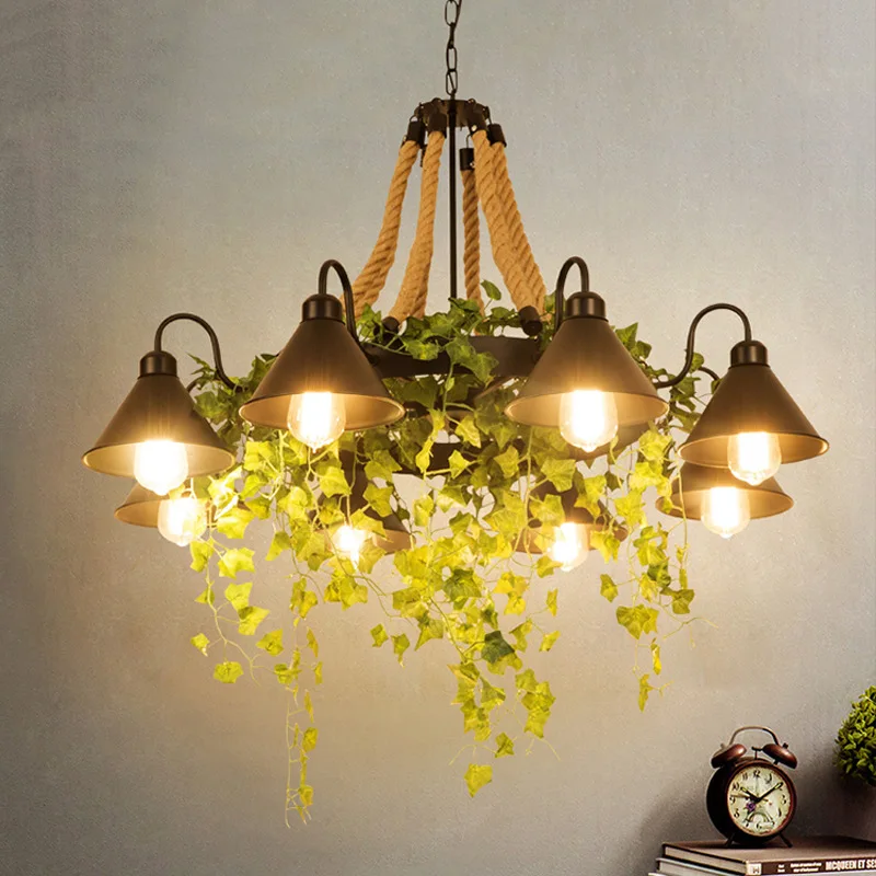 

Industrial Style Retro Bar Restaurant Chandelier Music Barbecue Rice Shop Commercial Green Plant Hemp Rope Light