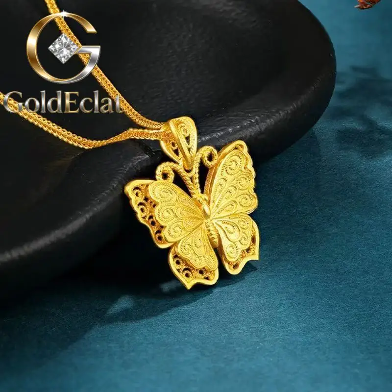 

GoldEclat Luxury 24K 9999 Pure Gold real gold Women's silk butterfly pendant clavicle chain
