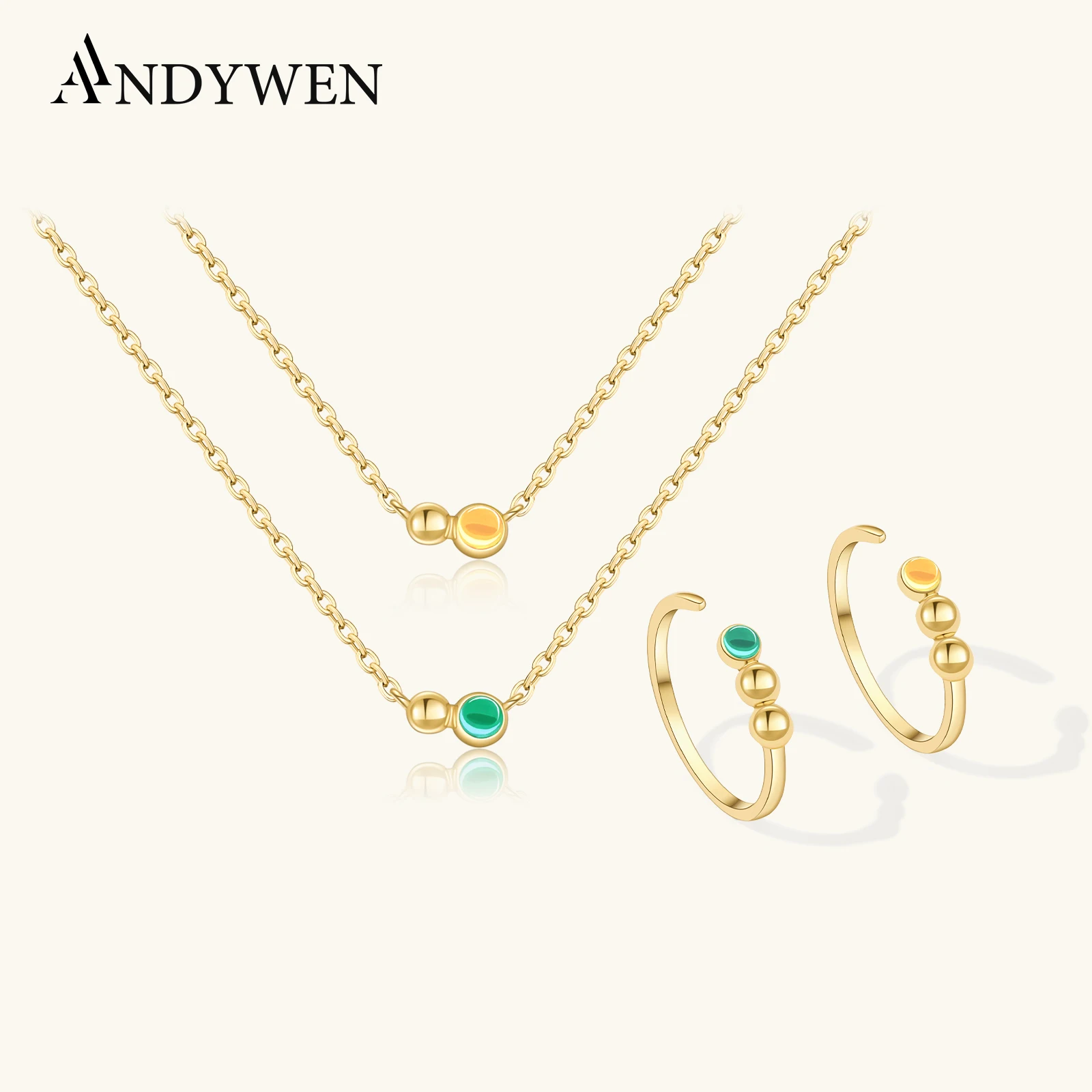 

ANDYWEN 925 Sterling Silver Round Beads Orange Green Zircon Long Chain Necklace Ring Jewelry Set 2025 Luxury Fine Gift