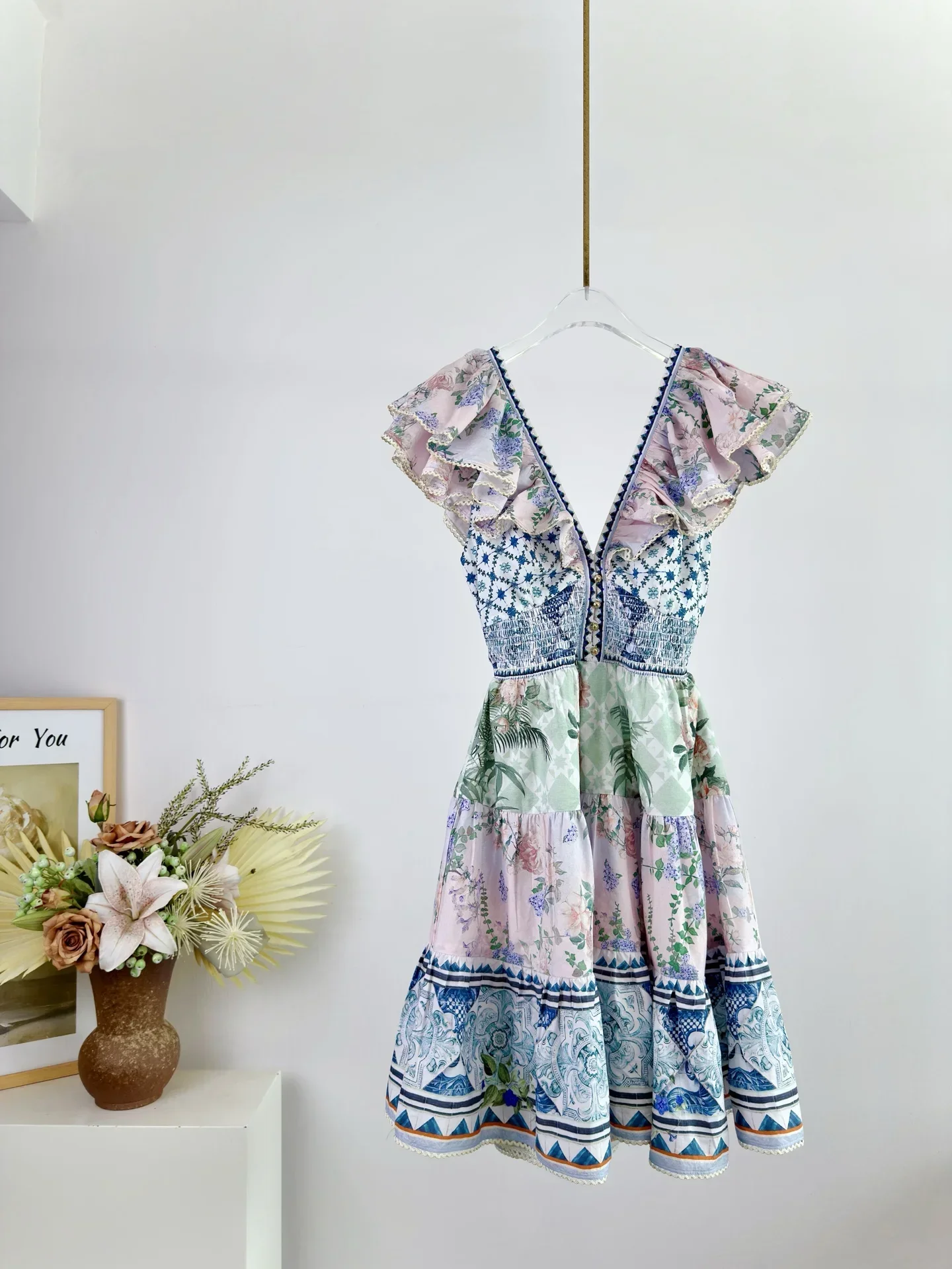 

2025 New Women Retro Print Mini Dress Heavy Beaded V-Neck Butterfly Sleeve High Waist Holiday Ladies 100% Silk Robe