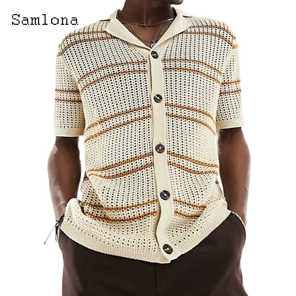 

Samlona Plus Size Mens Summer New Knitting Sweater Men Short Sleeve Casual Stripe Beach Top Cardigans Lepal Collar Knitwear 2024