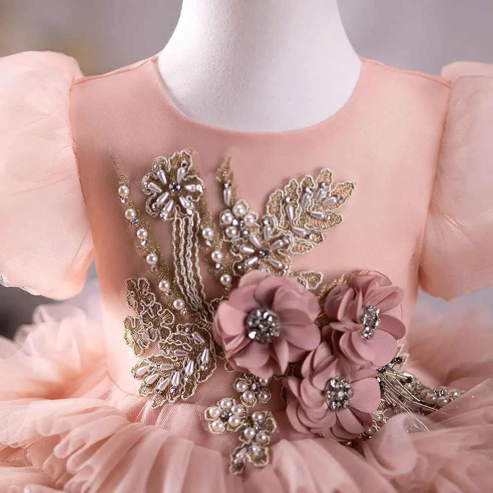 Jill Wish Pink Luxury Flower Girl Dress Hand Flower Pearls Beads Ball Gown for Baby Birthday Wedding Party Performance J401