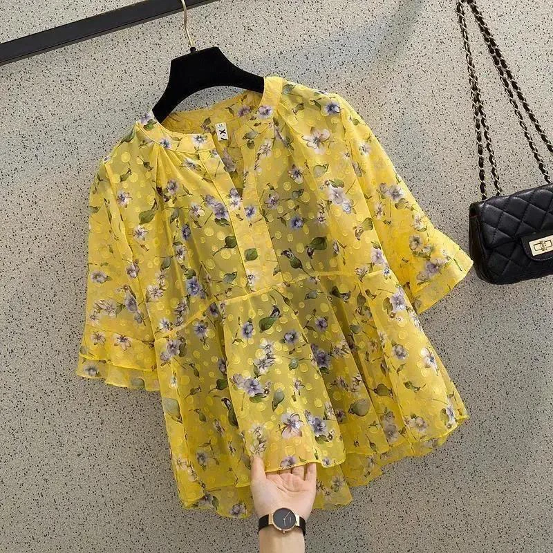 

Шифоновый топ с цветочным принтом, женский свободный трапециевидный силуэт ort Sve, новинка лета, корейская версия, чехол для живота, Faionable irt