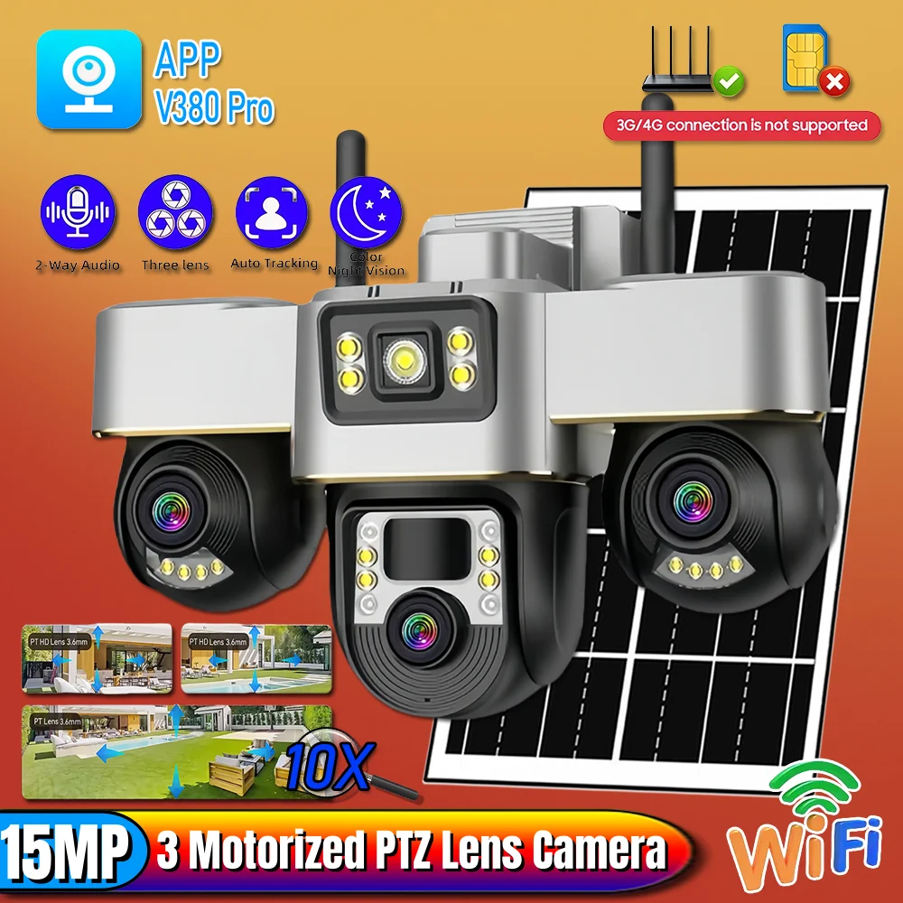 

Solar Cameras 4G Outdoor 3 Motorized PTZ Lens Battery Surveillance Support Night Vision V380 Pro 10X Zoom 15MP Security Cameras