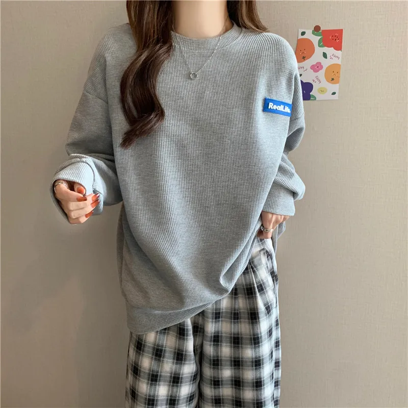 

Women Hoodies Sweatshirts solid color Thin O-Neck Trendy Females Leisure Loose Chic All-match Outwear Street New NS5097