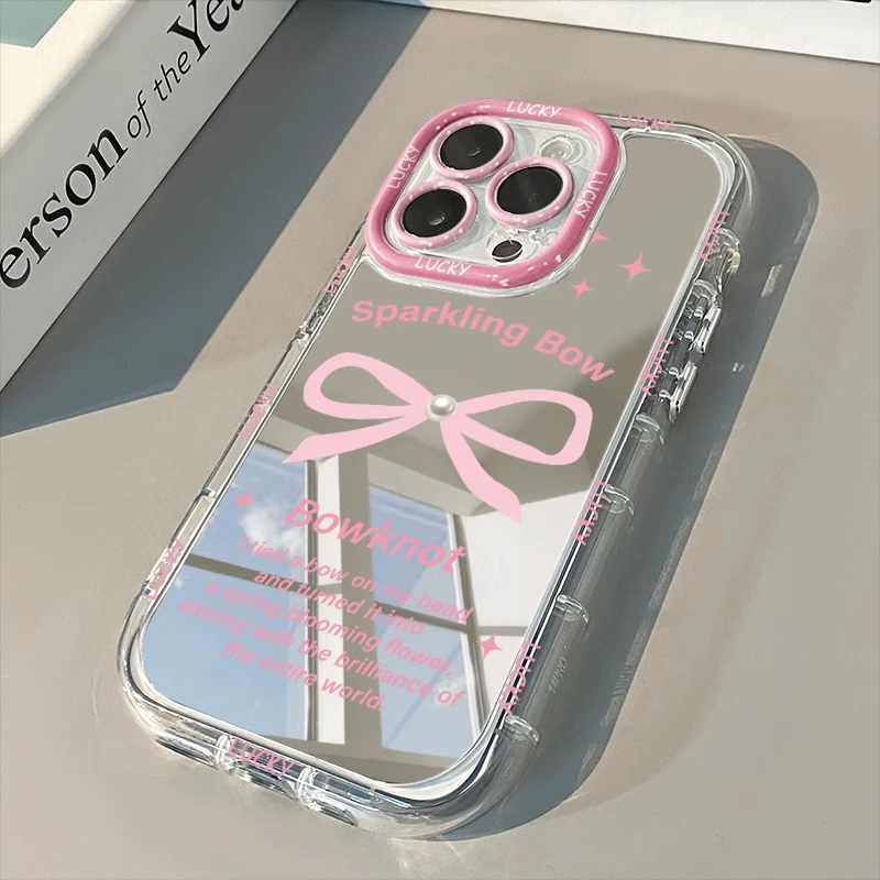 

Pink Sweet Bowknot Makeup Mirror Phone Case For iPhone 17 16 15 14 13 12 11 Pro Max 7 8 Plus XR X XS 17E 16E Protection Cover