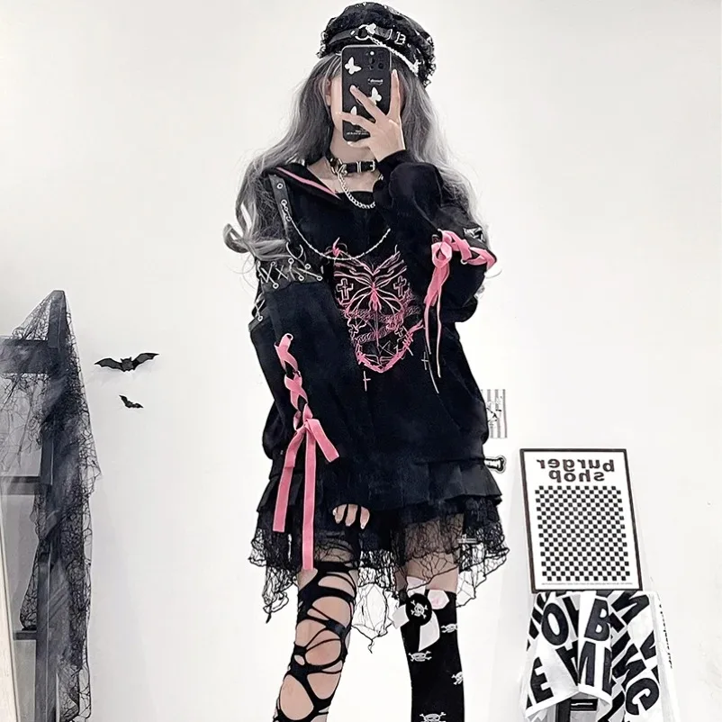 

New Sweet Spicy Girls Sweatshirt and Skirt 2 Piece Set Female Y2K Print Sailor Collar Hoodie Set Spring Autumn Women's Outfits