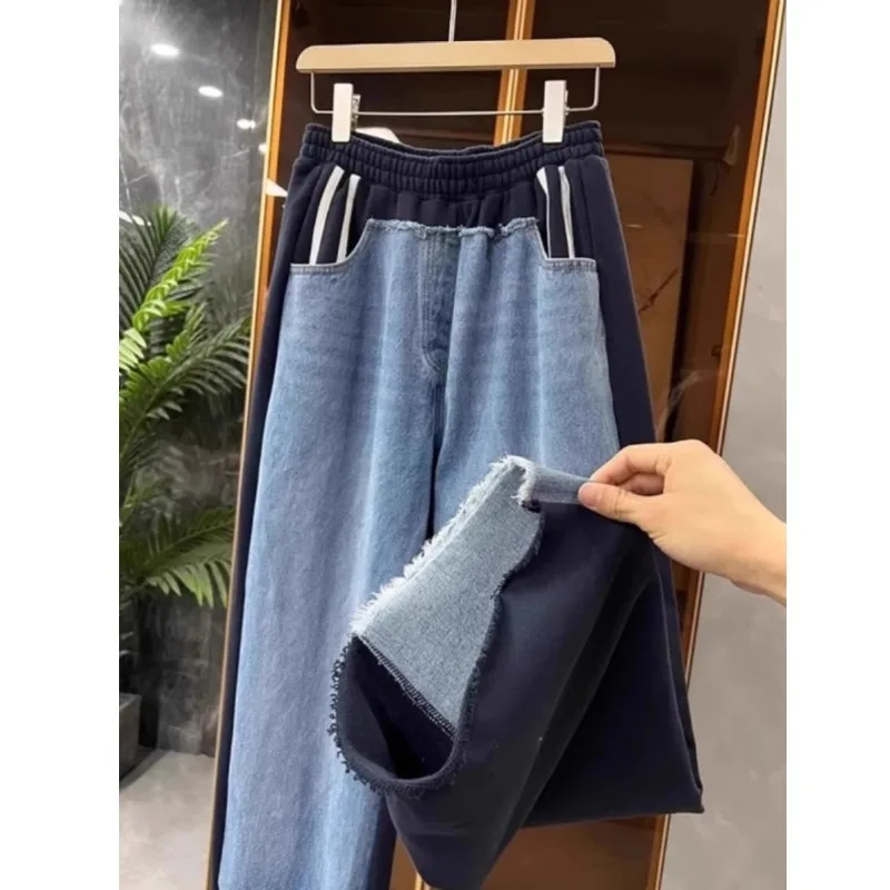 한국 스타일 청바지 청소년 일상 스타일 한국 스타일 스트레이트 핏 플레어 디자인 허리 밴딩 캐주얼 하이스트레이트 청바지 데님 팬츠 청바지