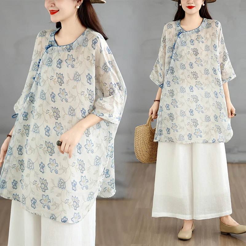 

High-End plus Size Women's T-Shirt Summer New Print Button Cotton Linen Base Shirt Mid-Length round Neck Short Sleeve Top