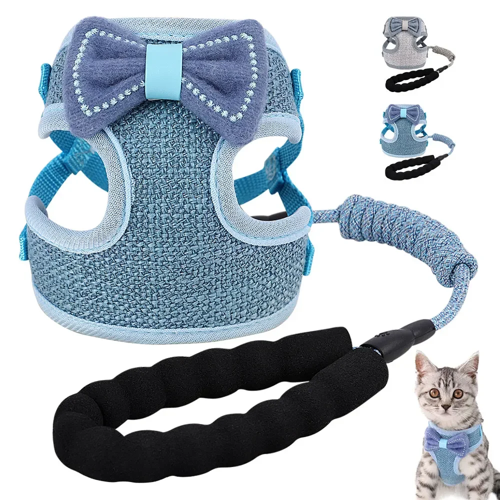 

New Bowknot Cat Harness Leash Set Breathable Nylon Mesh Pet Cat Vest Harnesses For Cats Kitten Walking Chest Strap Leash