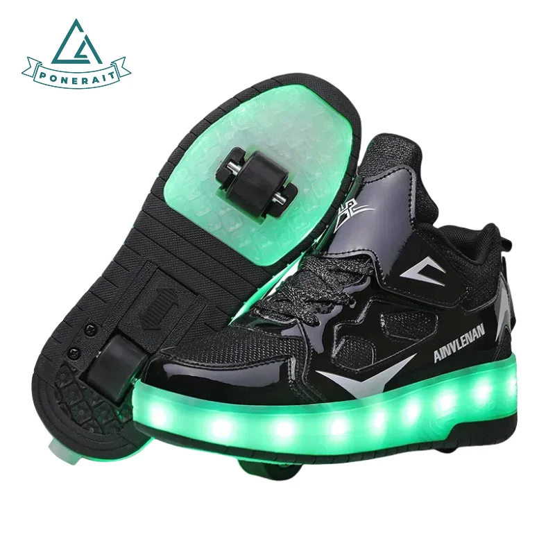 

PONERAIT Boys Shoes with Wheels & LED Lights - Dual Wheel Velcro Strap Skate Shoes for Kids Breathable Mid-Low Top Gift Ready