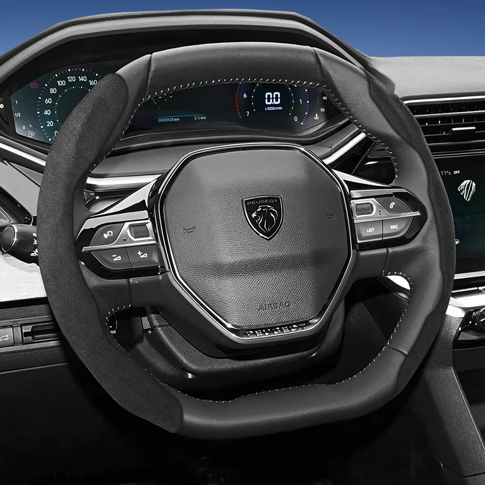 Suitable for Peugeot Sports Suede Steering Wheel Cover with Split Snap-On Anti-Slip Design for Models Such as 208 E-208, 2008 E-2008, 3008 E-3008, Partner, Rifter, 308 E-308, 408, 408X, 5008, 206, Etc