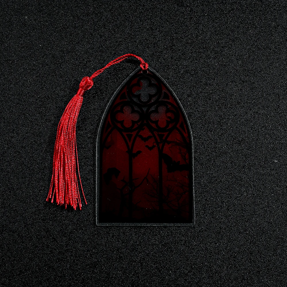 قطعة واحدة من الإشارة المرجعية الحمراء القرمزية، علامة مرجعية الخفافيش السوداء مع شرابة حمراء، هدية مثالية للمخوف أو عشاق القوطية #5