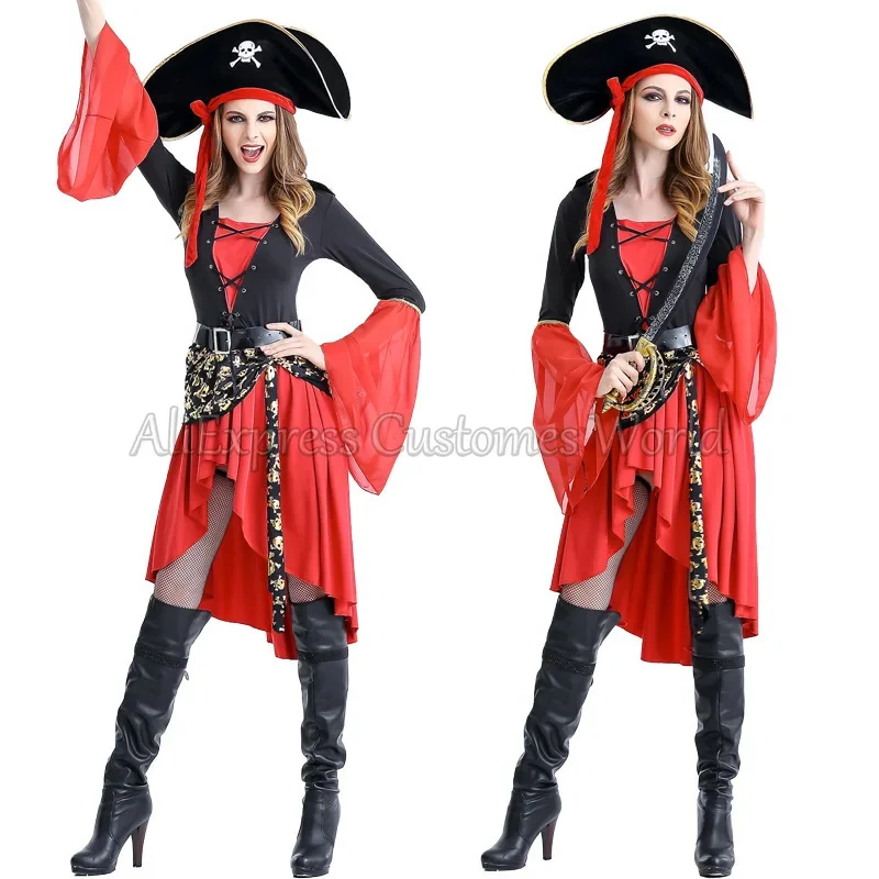 Female Caribbean Pirates Captain Cosplay Costume Halloween Suit Gothic Jack Woman Fancy Dress Role Playing Cosplay Suit  Fancy