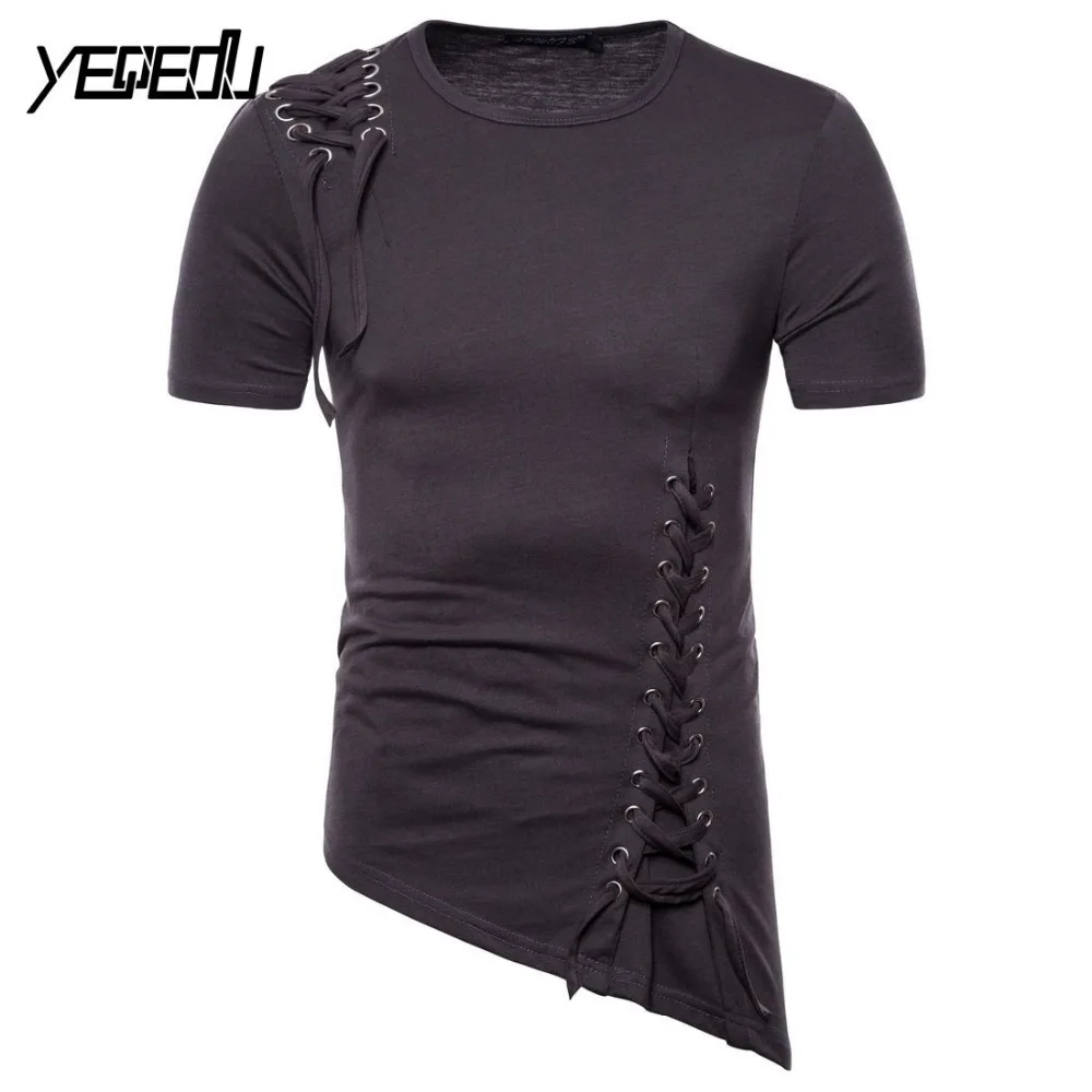 #4101 Bandage Hip Hop T Shirt Men Short Sleeve Black/White Asymmetrical Hem Punk Style Tee Shirt Homme Mens Clothing Euro Size