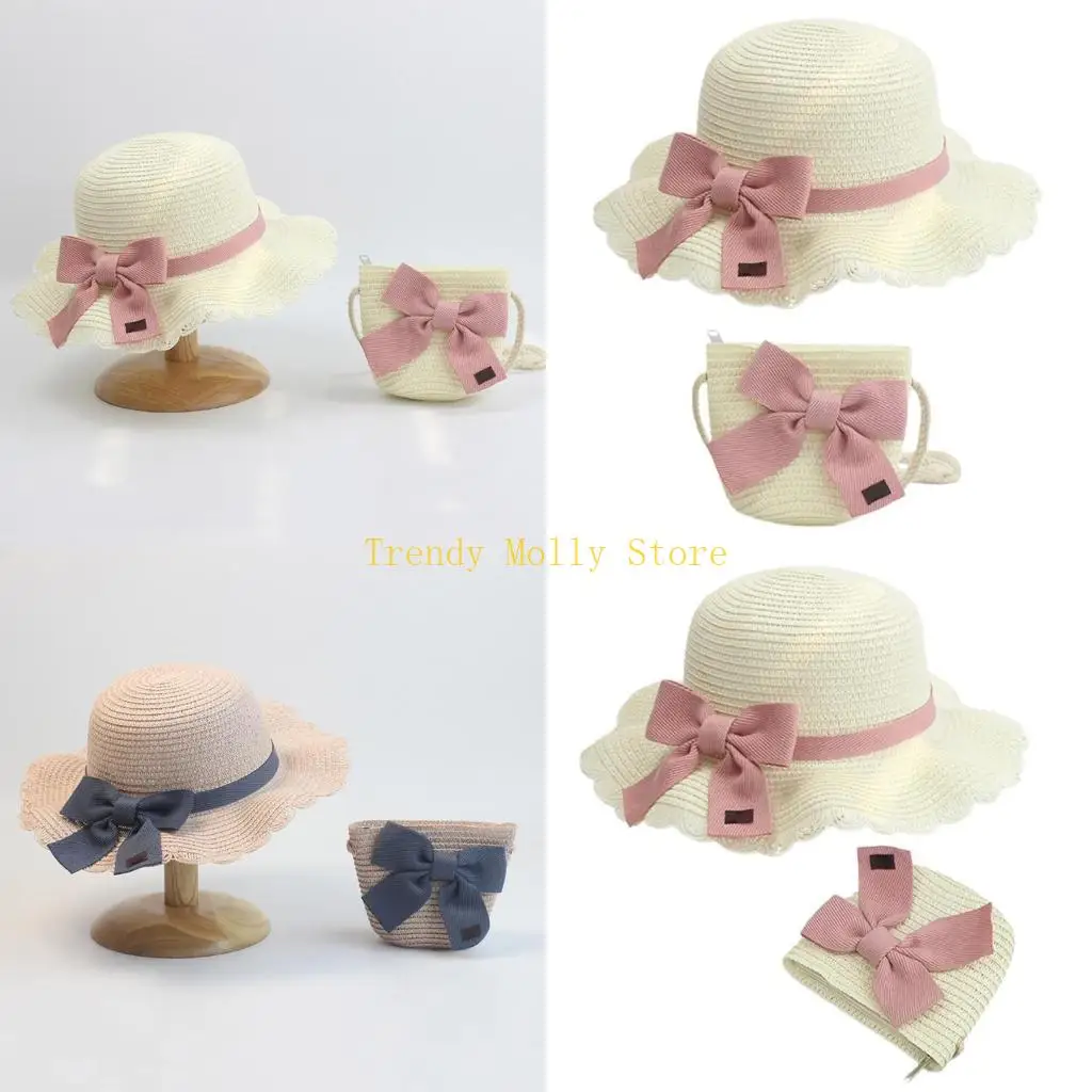 

N5KB Шляпа с козырьком и рюшами для девочек, сумка с бантом, соломенная шляпа, детская рыбацкая шляпа