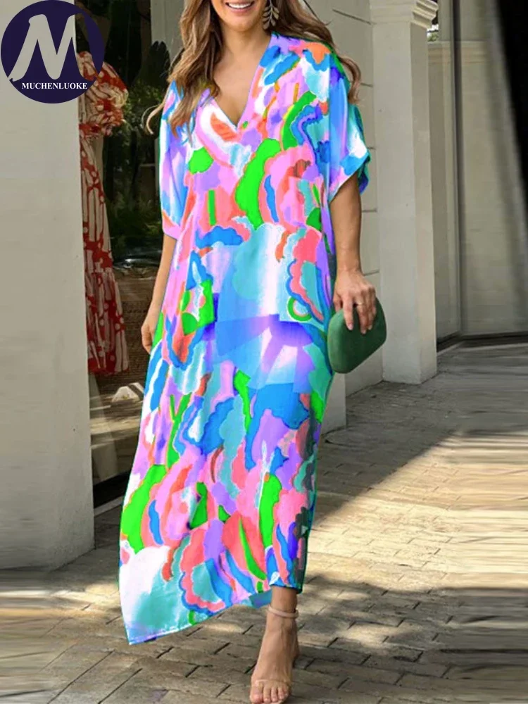 

Women's Short Sleeve V-Neck A-Line Long Dress, Loose High Waisted Dresses, Leisure Fashion, Summer, New, 2025