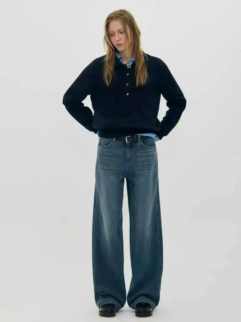 

High Waist Wide Leg Fleece Lined Loose Fit Women's Jeans Retro Washed Denim Pants Straight Cut Long Trousers