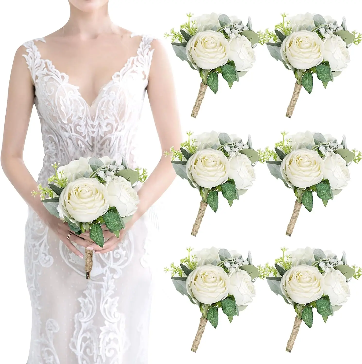 

Bridesmaid Bouquets Set of 6 - Ivory White Artificial Flowers Bouquet for Bridesmaids Wedding Small Floral Centerpieces·Hot Sale