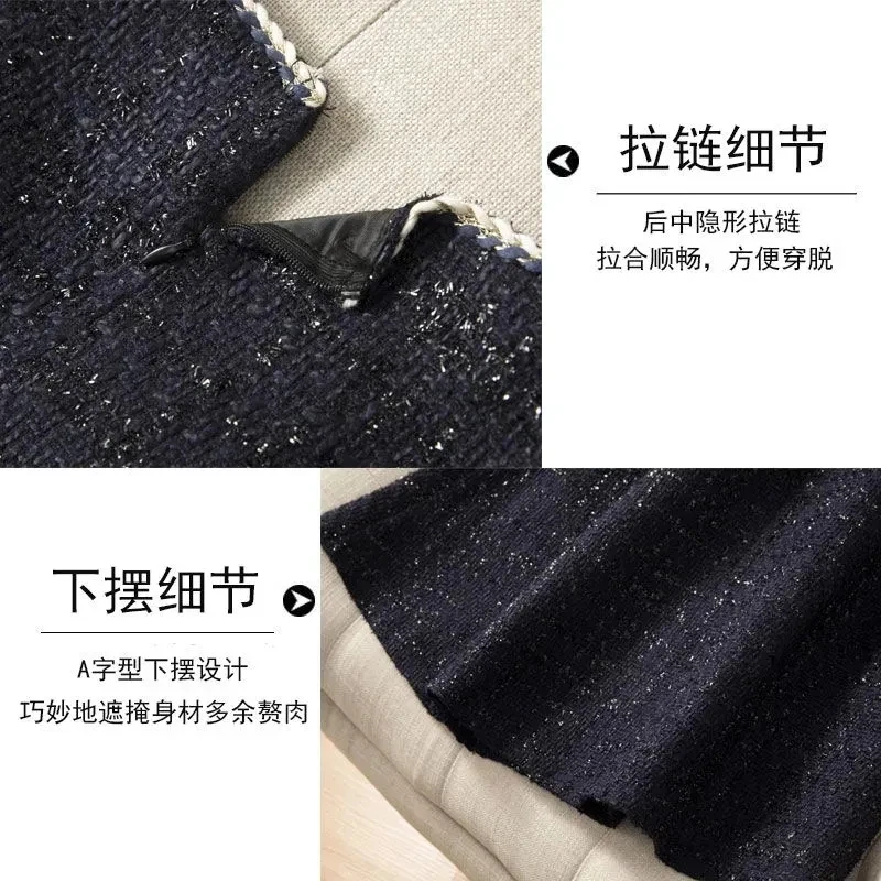 Woolen Strap Vest Dress Women Spring Autumn Small Fragrant Style Shiny Silk Sleeveless French Long Dress Ladies V-neck Vestido