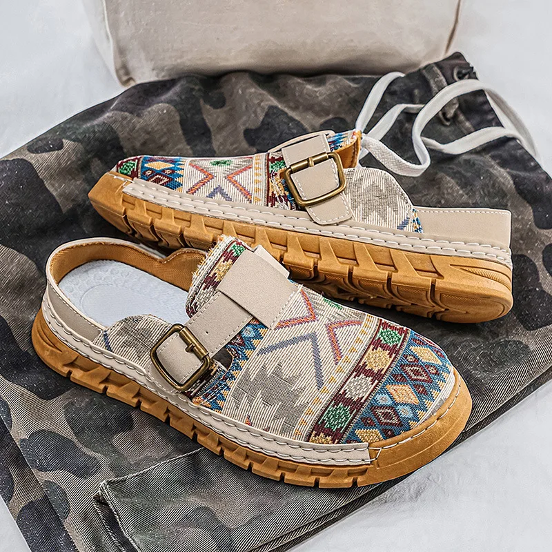 

2026 Boho Ethnic Pattern Mens Mules Slip on Closed Toe Casual Slippers Retro National Style Comfortable Platform Shoes for Women