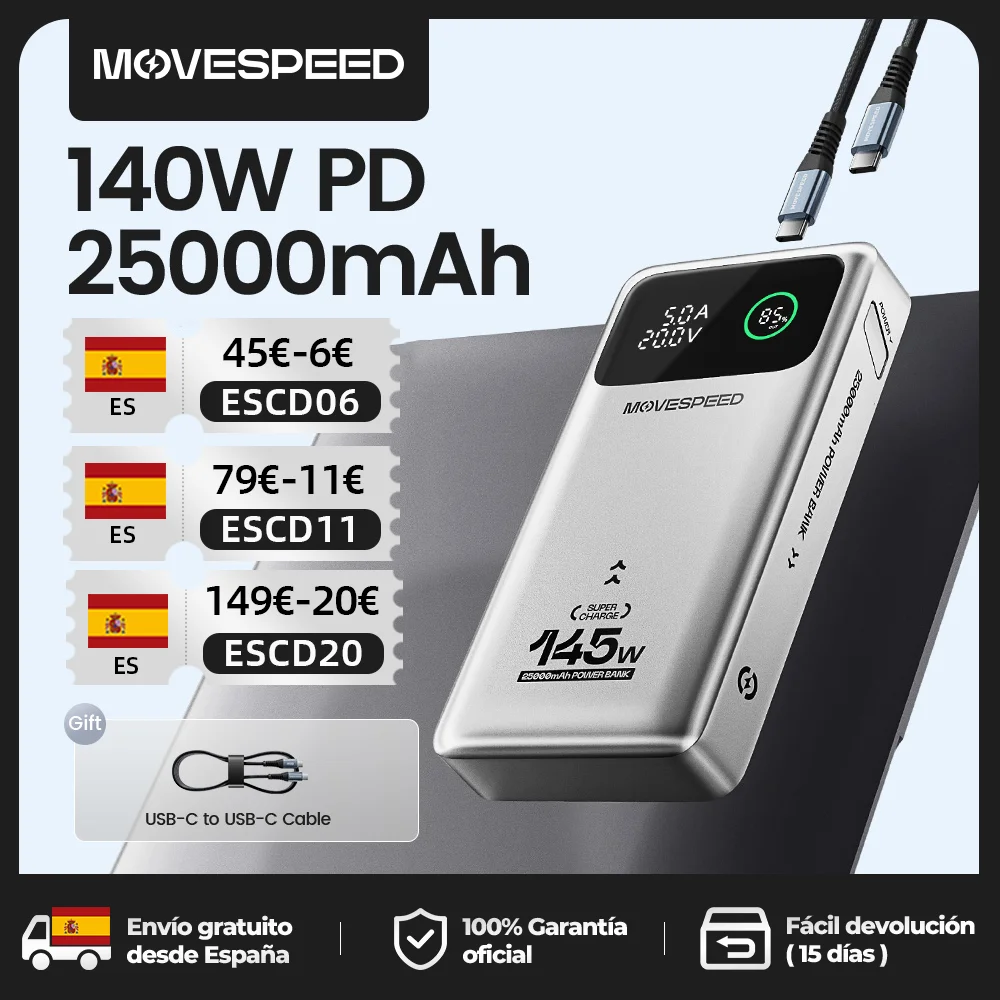 MOVESPEED M25Pro 140W banco de energía 25000mAh PD3.1 carga rápida batería externa portátil 100W Powerbank para MacBook Notebook portátil