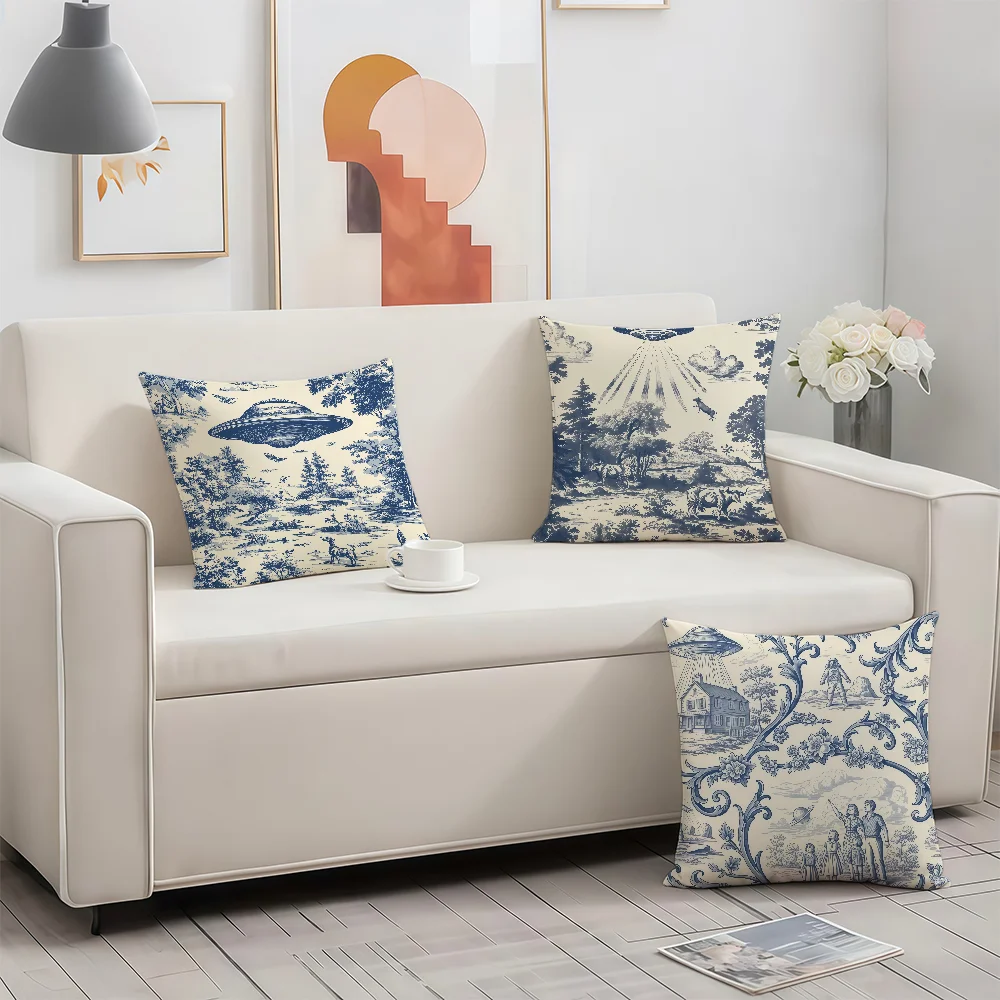 Blue And White Porcelain Ufo cushion cover Birthday Anniversary Gifts Double Sided Printed Zipper Cushion Cover Soft Skin