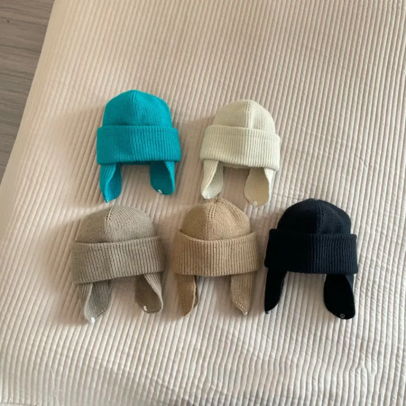 

Korea Baby Knit Hat Solid Color Kids Beanies Autumn Winter Baby Bonnet Cap Children Ear Protection Caps For Girls Boys