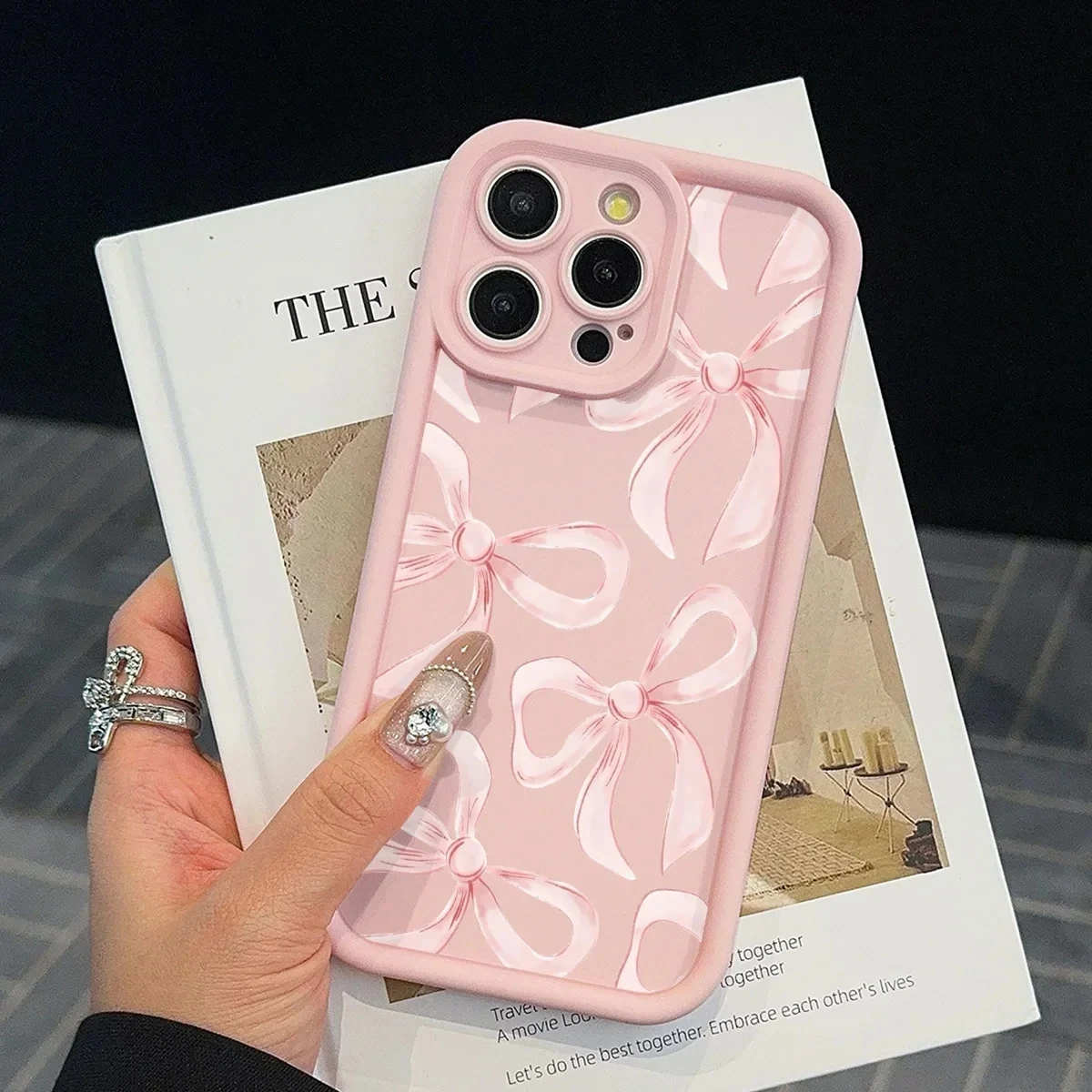 Ins Wind Pink Bow Pattern Phone Case For iPhone 16 15 14 13 12 11 PRO MAX 16e Mini XR XS Max 8 Plus Creative Silicone Soft Cover