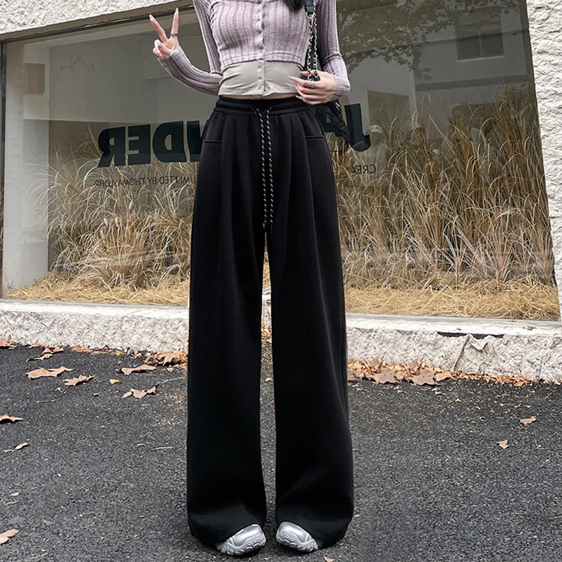 Pantaloni da pavimento in tinta unita moda donna Pantaloni larghi versatili con coulisse Pantaloni a gamba larga stile americano Pantaloni dritti Hip Hop Mujer