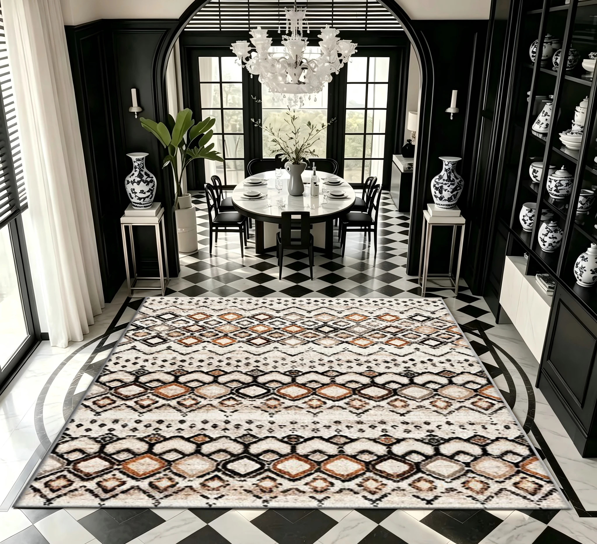 Moroccan Geometric Diamond Area Rug Boho Distressed Striped Carpet Soft Washable Indoor Floor Mat for Living Room Bedroom Decor