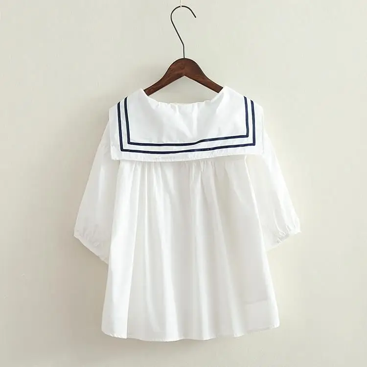 Sweet Stripe Sailor Collar Blouse Tops Causal Half Sleeve Woman Shirts 2024 Summer New Korean Blusas De Mujer Crop