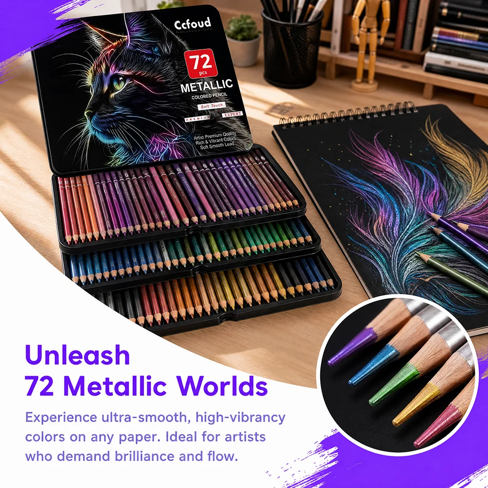 72 Metallic Colored Pencils, Soft Core with Vibrant Color,Ideal for Drawing, Blending, Sketching, Shading, Coloring for Adults