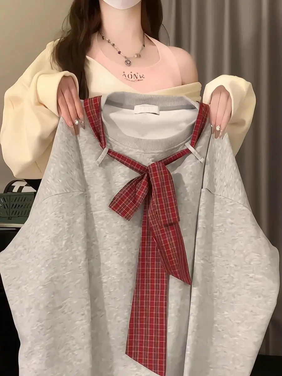 

American Retro Sweatshirt Lace Up Splicing Contrasting Color O-neck Pullover Women's Spring Autumn Loose Casual Long Sleeved Top