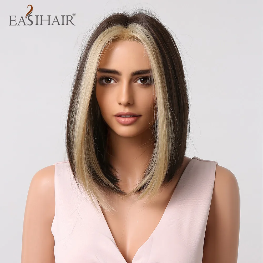 EASIHAIR Wig Sintetis Lurus Pendek Wig Bob Bagian Tengah Pirang Sorot Coklat untuk WANITA HITAM Serat Tahan Panas Sehari-hari