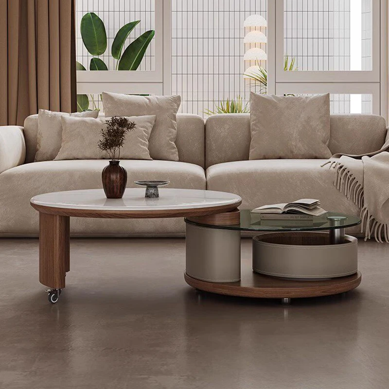 Rotatable wooden coffee table with stone table top apartment living room retractable center table set light luxury storage