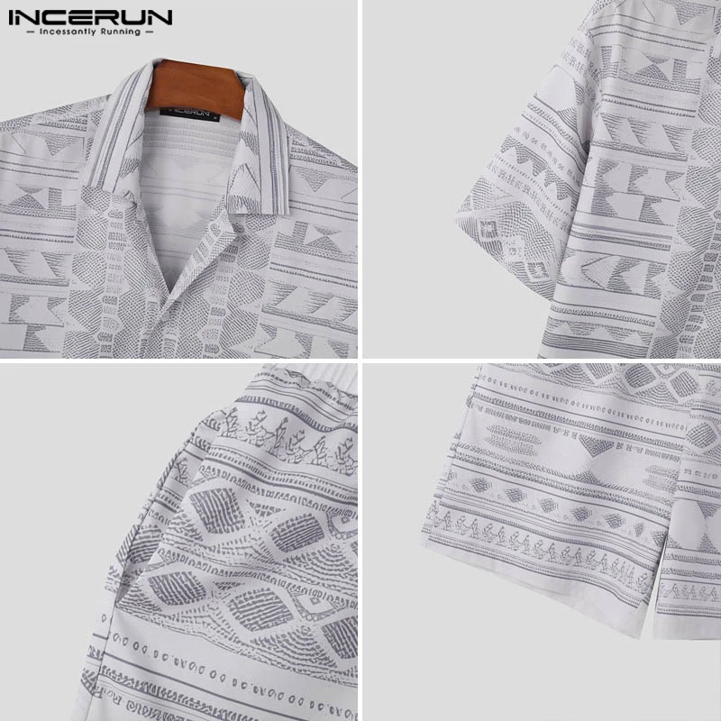 INCERUN 2024 Korean Style Sets Men\'s Summer Short Sleeved Shirts Shorts Fashion Sexy Male Irregular Printed Two-piece Sets S-5XL