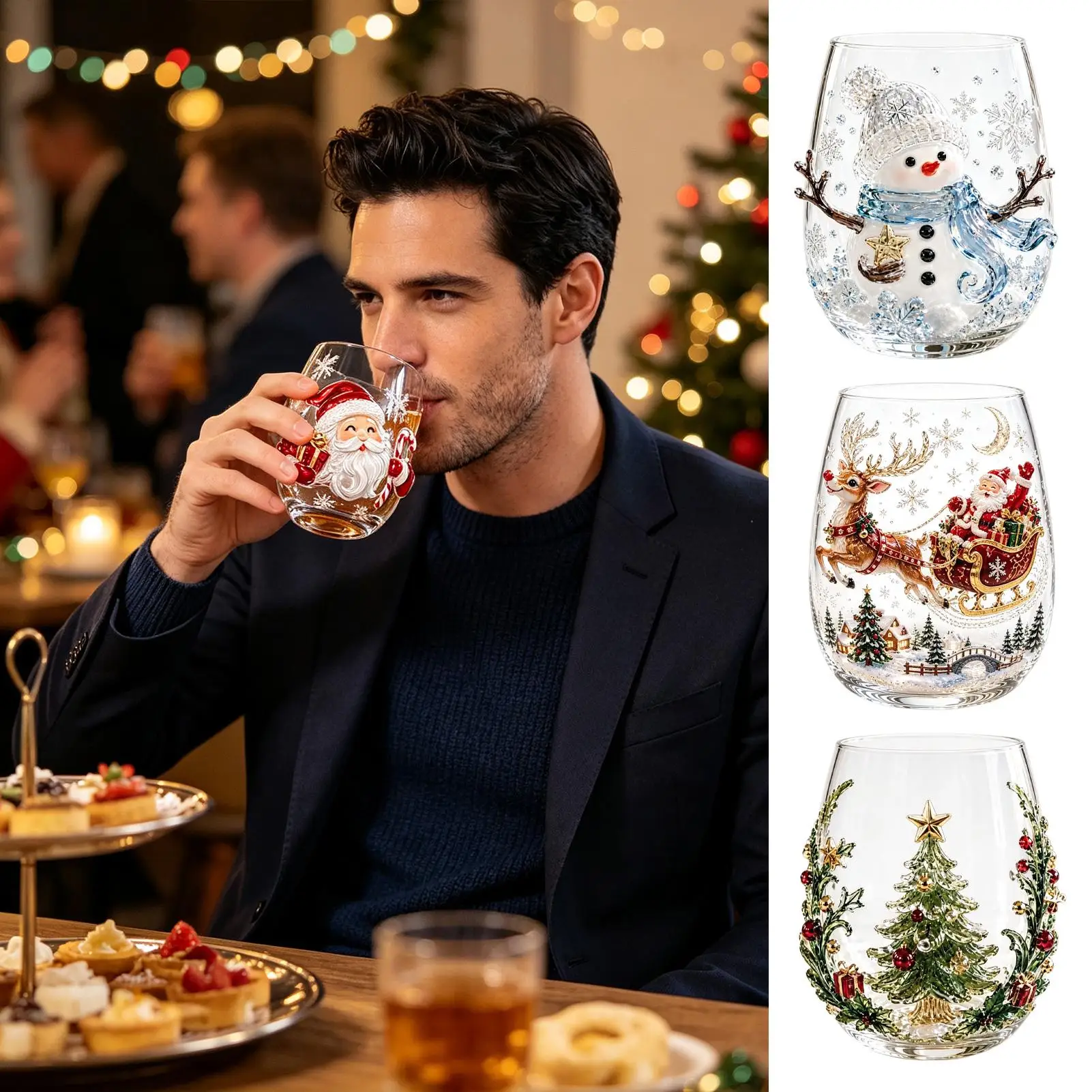 350ml 3D P attern Christmas Glass Mugs, Non-Slip Grip Holiday Coffee Tea Cups For Party & New Year, Festive Tableware Gifts