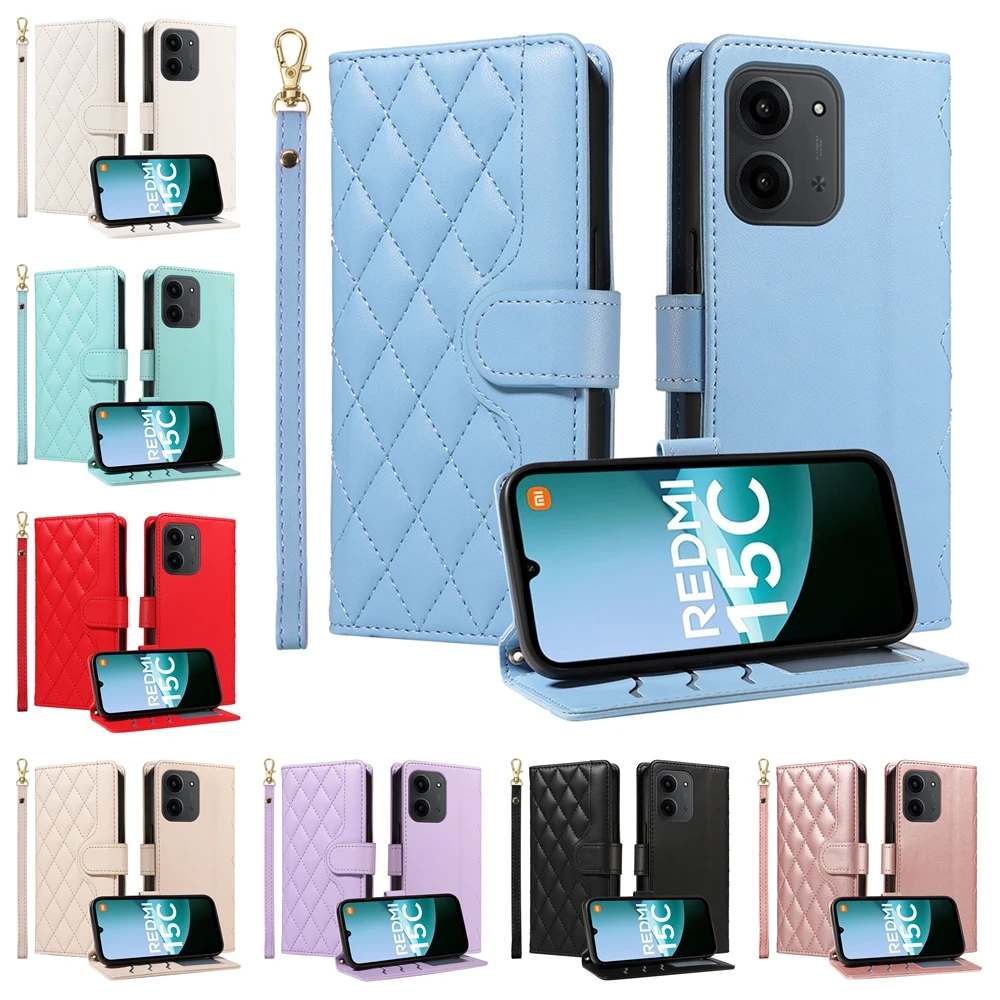 Lanyard Wallet Leather Case For Redmi 15 15C 14C 13C 13 13X 12 11A 10C 10 Prime 9C 9A 9i 9 4G A5 A3 Purse Phone Flip Book Cover