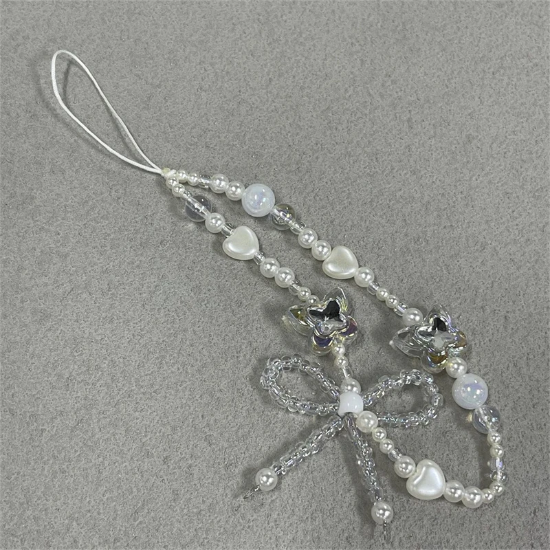 Koreanische Nette Klare Schmetterling Bogen Perle Perlen Perlen Telefon Kette Für iPhone Kamera Hängen Seil Anti-Verloren Lanyard Hängen schmuck